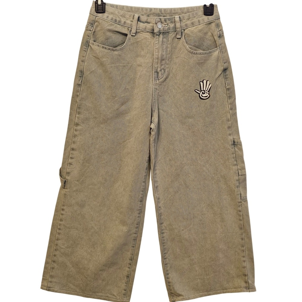 Mens Wide Leg Skater Carpenter Jeans Tan Graphic Patchwork Baggy Y2K CEI0003BO M